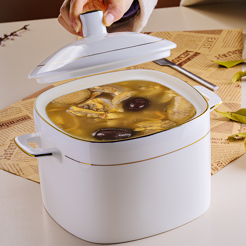 金边方形骨瓷大碗双耳汤碗大号汤煲带盖耐高温家用陶瓷汤锅带耳