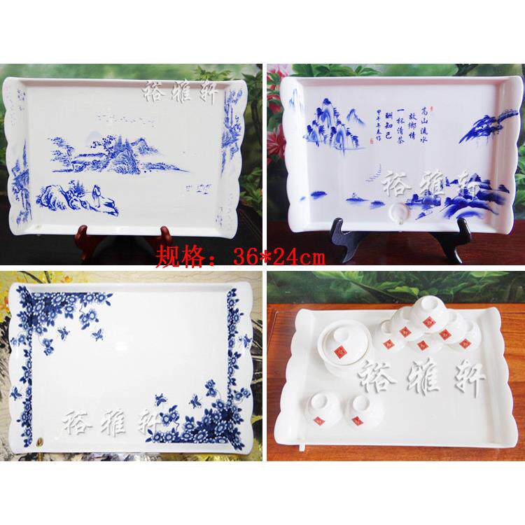 茶盘瓷青花山水长方陶形盘茶/包邮排水管GDV式茶盘24*36