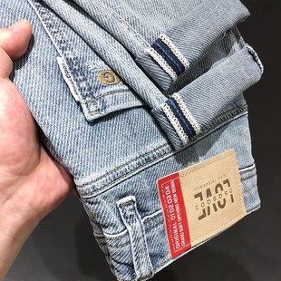 斜纹面料斜插裤兜九分牛仔裤男高端浅蓝色修身小脚长裤夏季薄款