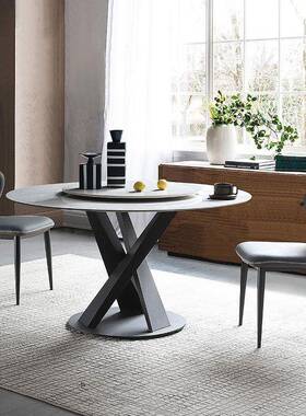 岩圆形餐桌SYW椅转盘意式旋家转小户型餐现代简约轻奢板组合用圆