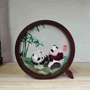 精K74198品蜀竹熊猫礼品手复工绣刺绣子古熊猫摆件