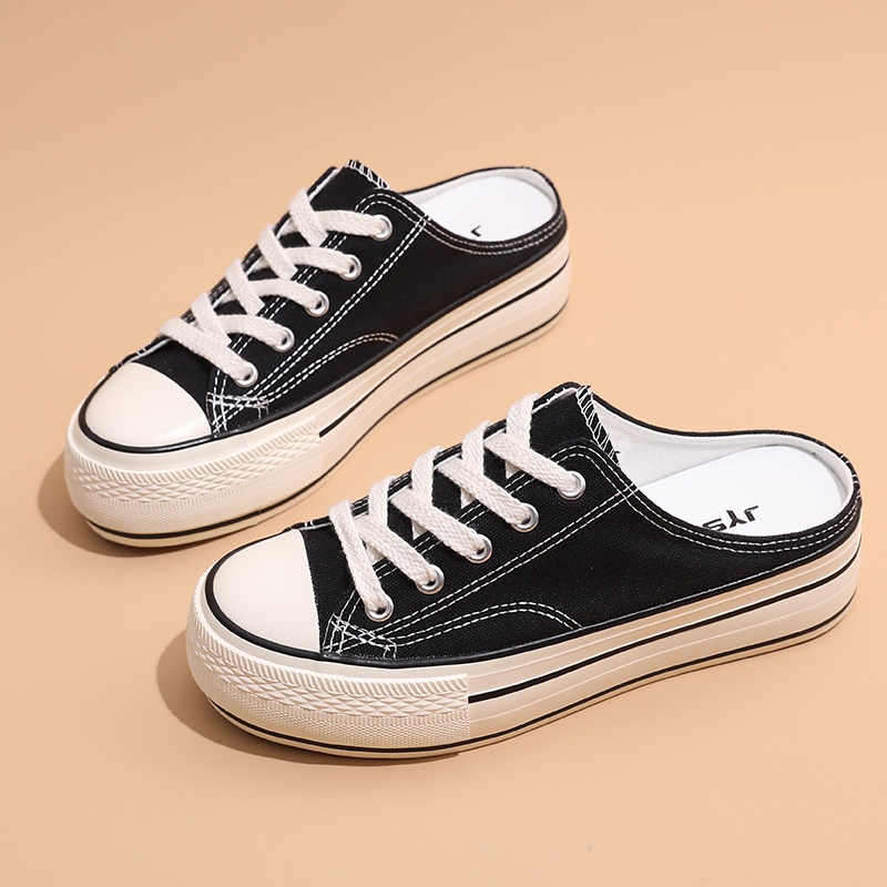 黑色半拖鞋女厚底板鞋增高女鞋无后跟懒人拖一脚蹬鞋子百搭帆布鞋,女鞋,包头拖,淘宝优惠券,粉丝福利购,淘宝优惠卷