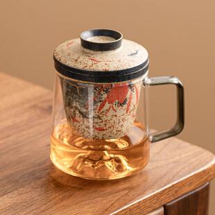 青花火石红茶水分离杯子描金荷韵锦鲤云归办公杯喝茶杯高档马克杯