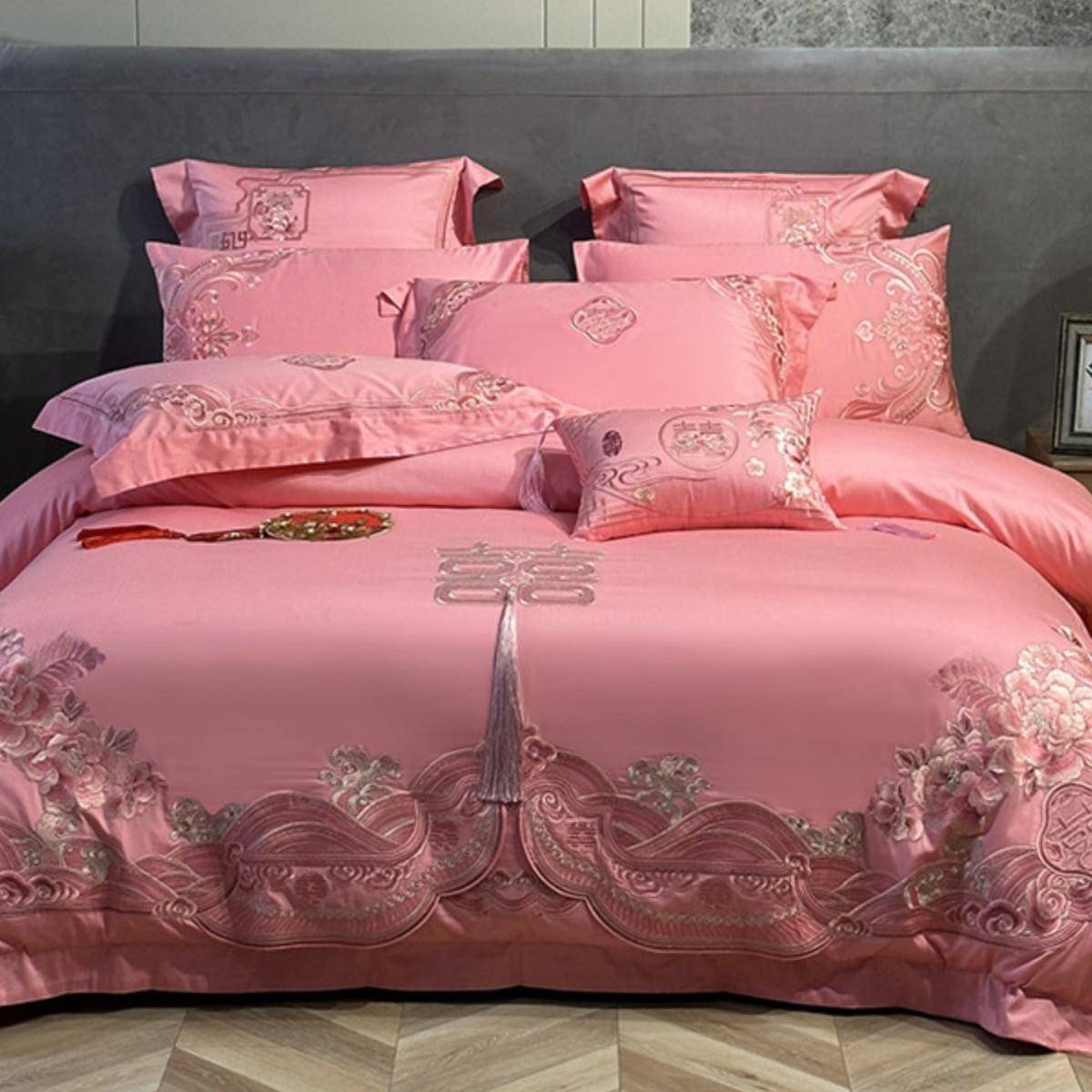 全棉婚庆140支四件套粉色刺绣纯棉结婚婚嫁喜被婚礼新婚六十床品