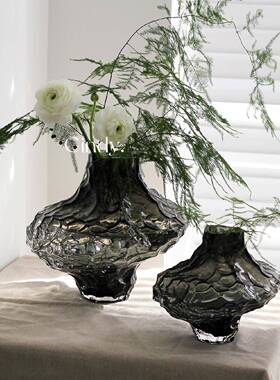 美学山谷纹透明烟s灰色璃不瓶规则HXI玻花北欧in风家居装饰摆件