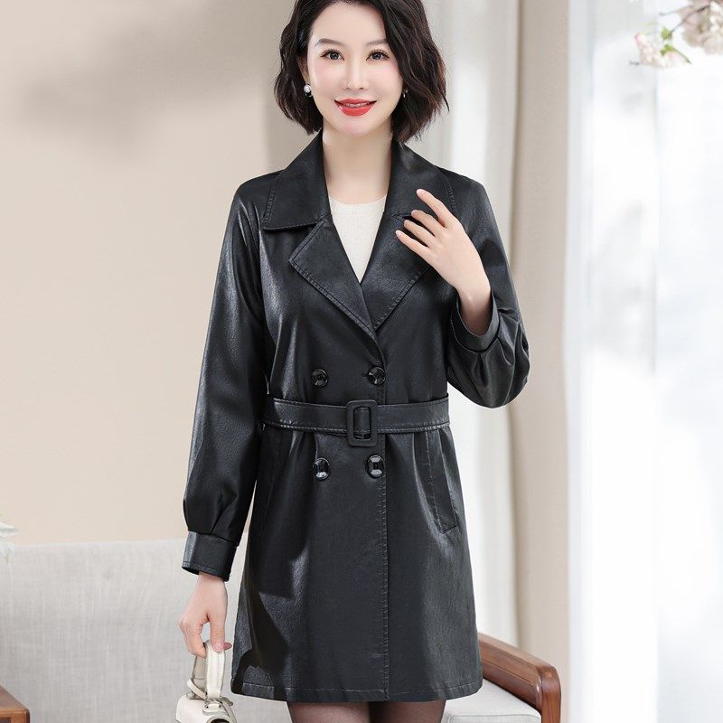 皮衣女中长款宽松皮风衣2025春秋新款韩版显瘦西装皮外套中年女人