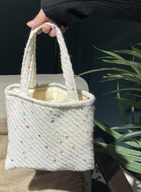 LU自制白色杂点毛呢肌理感手提包包女日常上班小拎包秋冬小众布包