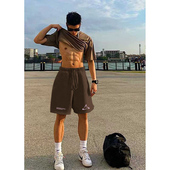运动休闲咖啡色休闲五分裤 美式 夏季 男款 潮牌抽绳百搭宽松直筒短裤