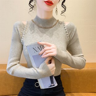 重工钉珠镂空漏肩针织衫女秋冬气质半高领毛衣打底衫显瘦内搭上衣