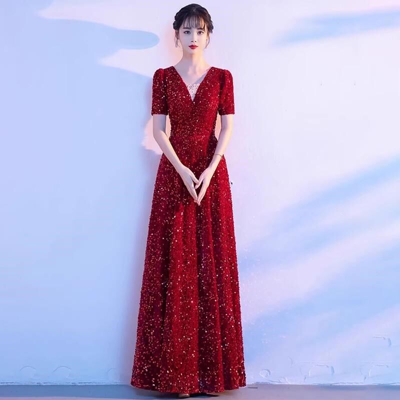 新款大合唱团演出服中国风成人唱红歌诗朗诵舞台服主持人礼服长裙