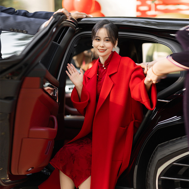 新款秋冬新娘结婚红色全羊毛大衣毛呢外套中长版气质呢子外衣女装