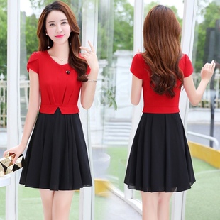 遮肚显瘦短袖 修身 假两件女士裙子女 雪纺连衣裙夏韩版 2021新款