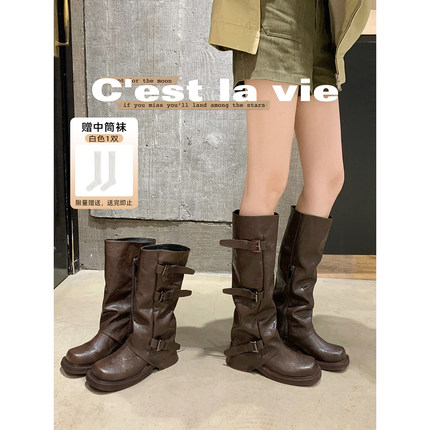 葡萄妈studiolee 增高6/8cm~时髦皮带扣褶皱加绒中筒骑士靴女秋冬
