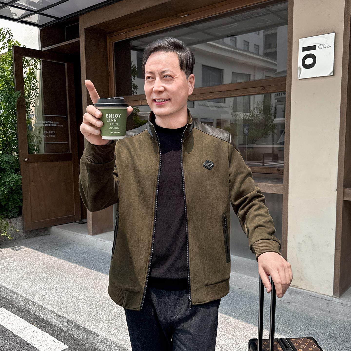 中老年爸爸休闲茄克衫中年男装春秋季夹克立领仿麂皮上衣厚款外套