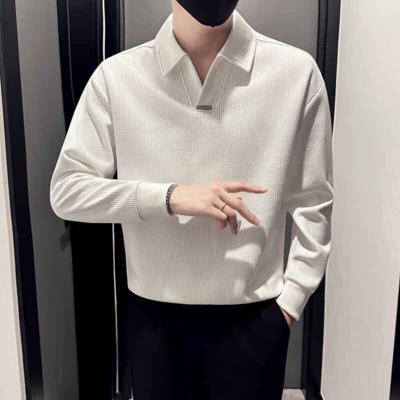 高端肌理V领Polo衫男秋冬款美式复古海鸥领长袖男士加绒卫衣老钱