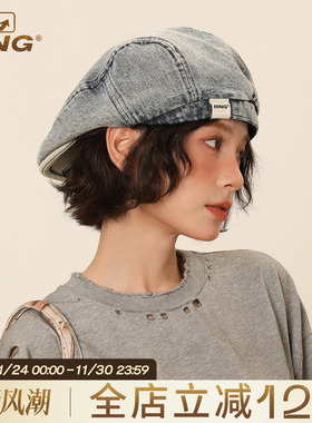 复古牛仔贝雷帽 水洗做旧大头围帽子 显脸小休闲贝雷帽 IIING品牌