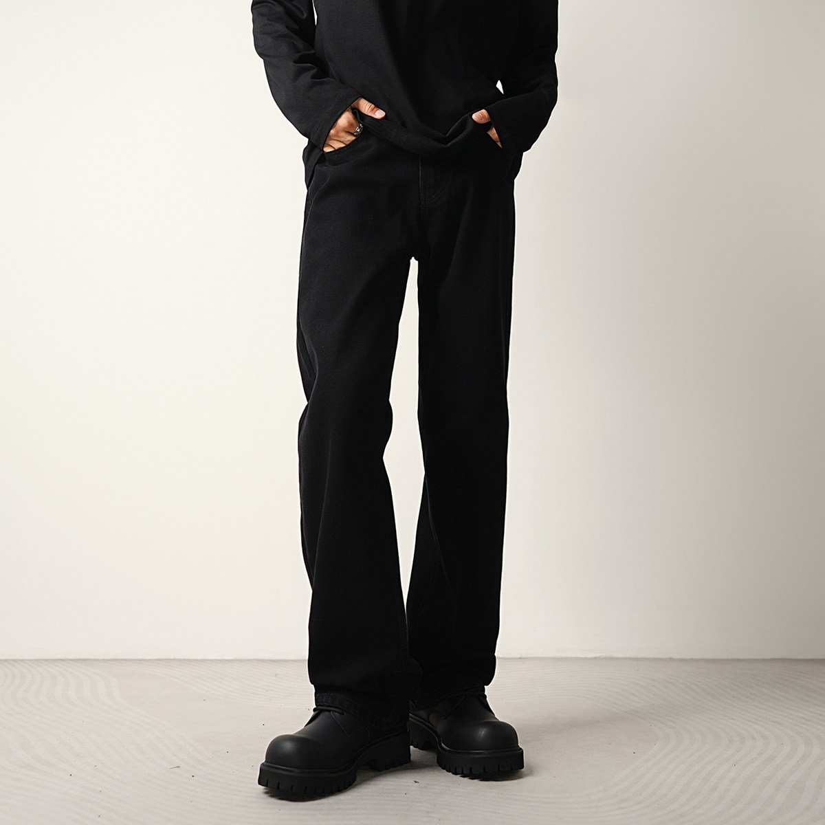 CONVERGES黑色阔腿微喇叭牛仔裤男女秋冬款加绒宽松直筒休闲长裤