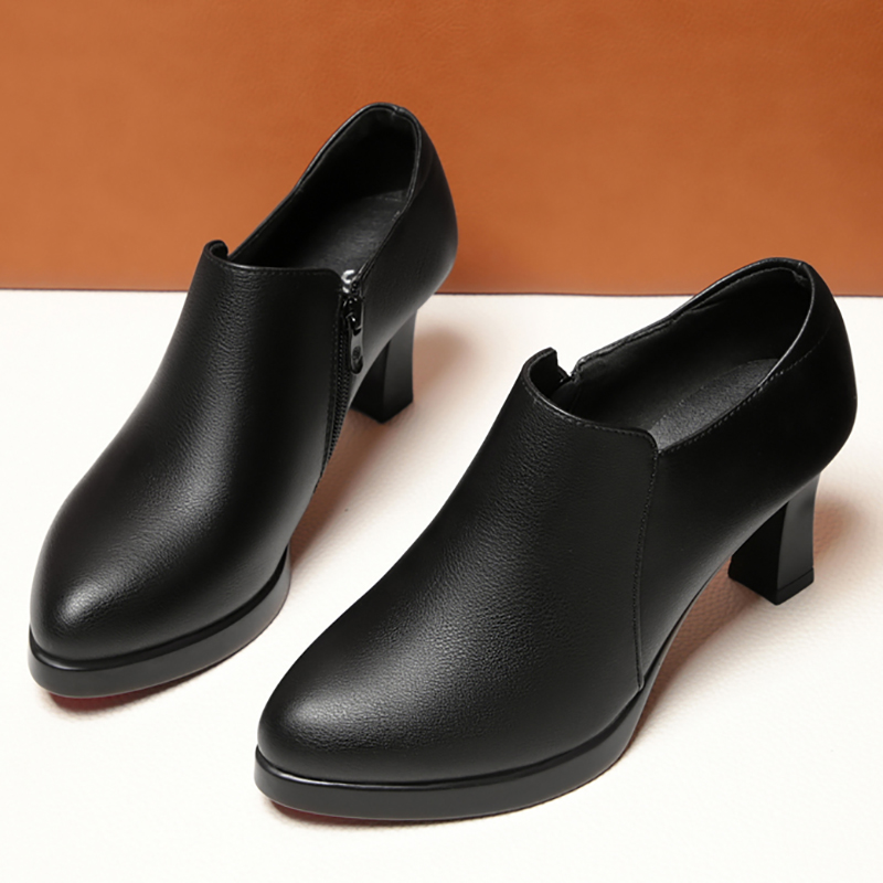 真皮空姐深口高跟细跟职业工作鞋女黑色正装踝靴皮鞋单鞋女鞋秋冬