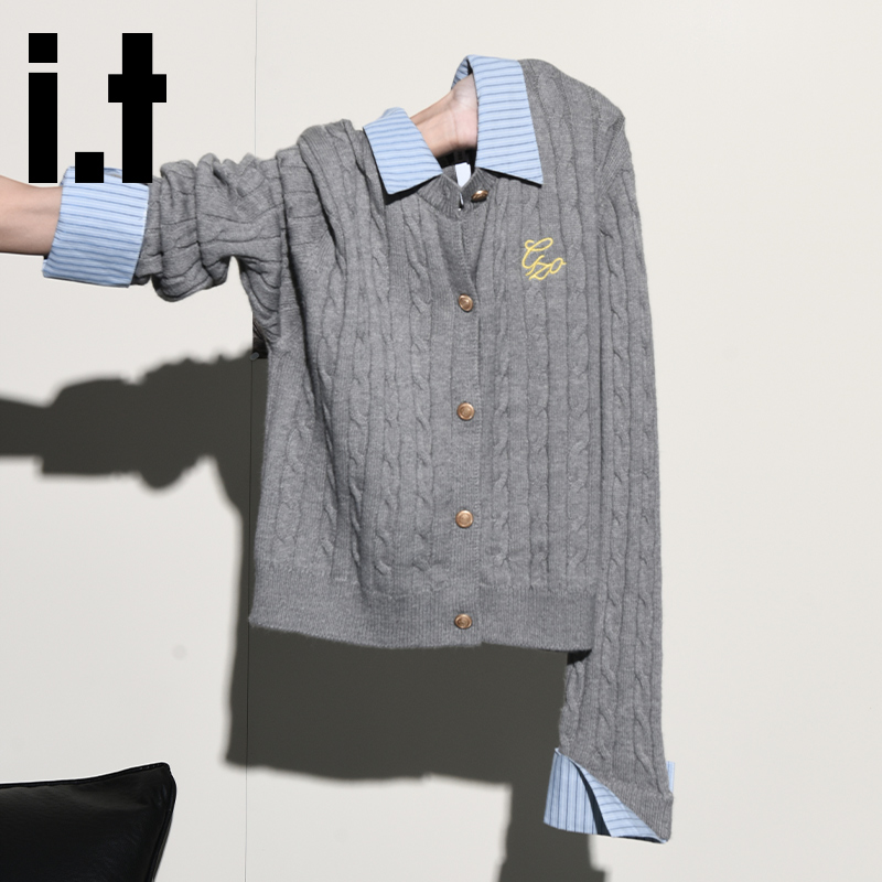 it:CHOCOOLATE 韩系灰色假两件POLO针织衫女秋经典麻花纹显瘦毛衣