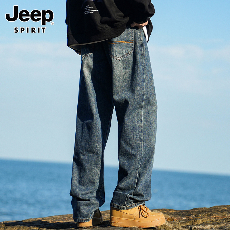 吉普加绒直筒牛仔裤男美