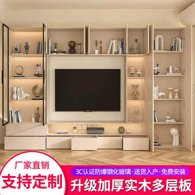 电视柜一体组合轻背景墙柜整见详情奢柜体客厅现代约满墙储物收纳