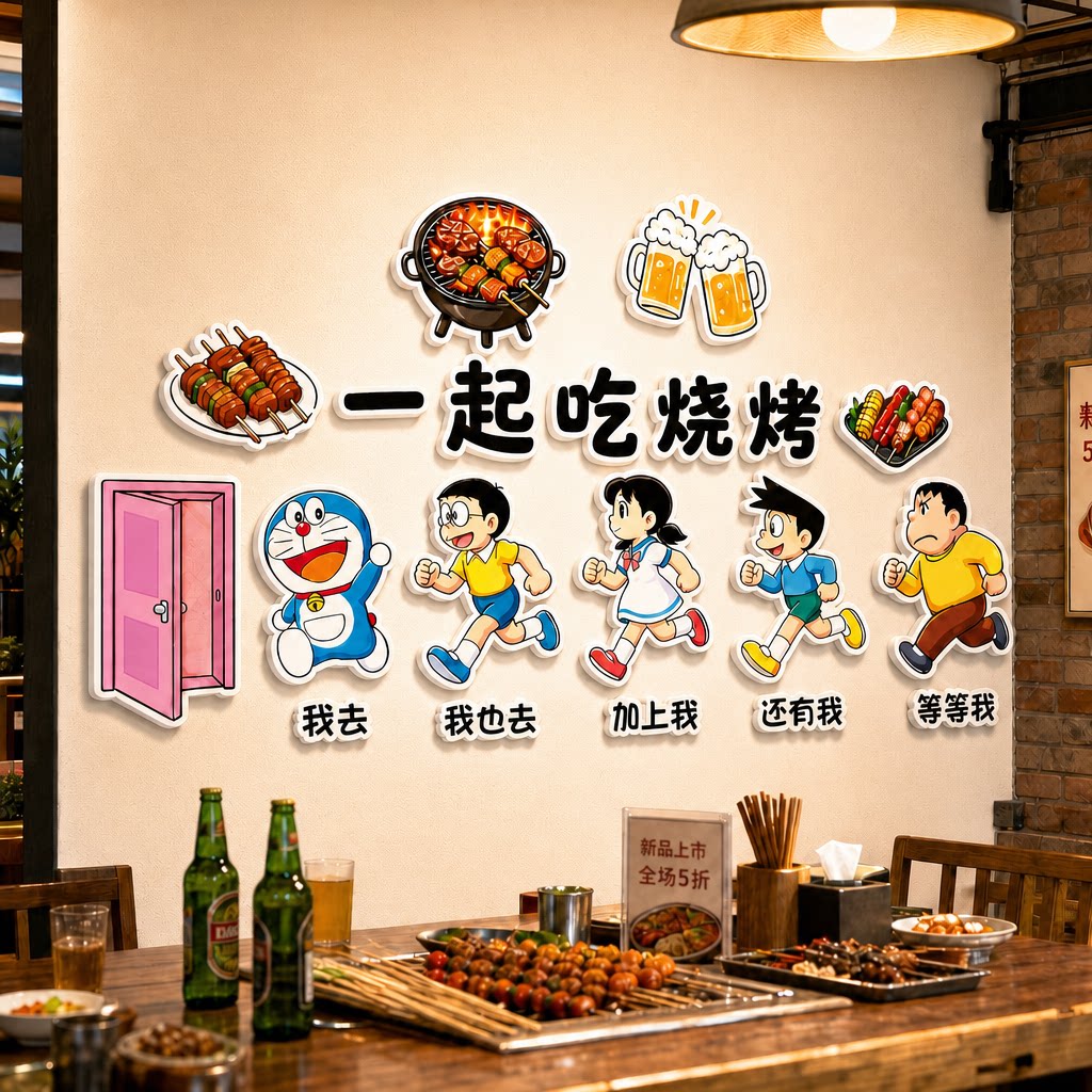 创意烤肉店大排档收银哆啦A梦氛围墙贴装饰餐饮店夜宵吧台贴纸