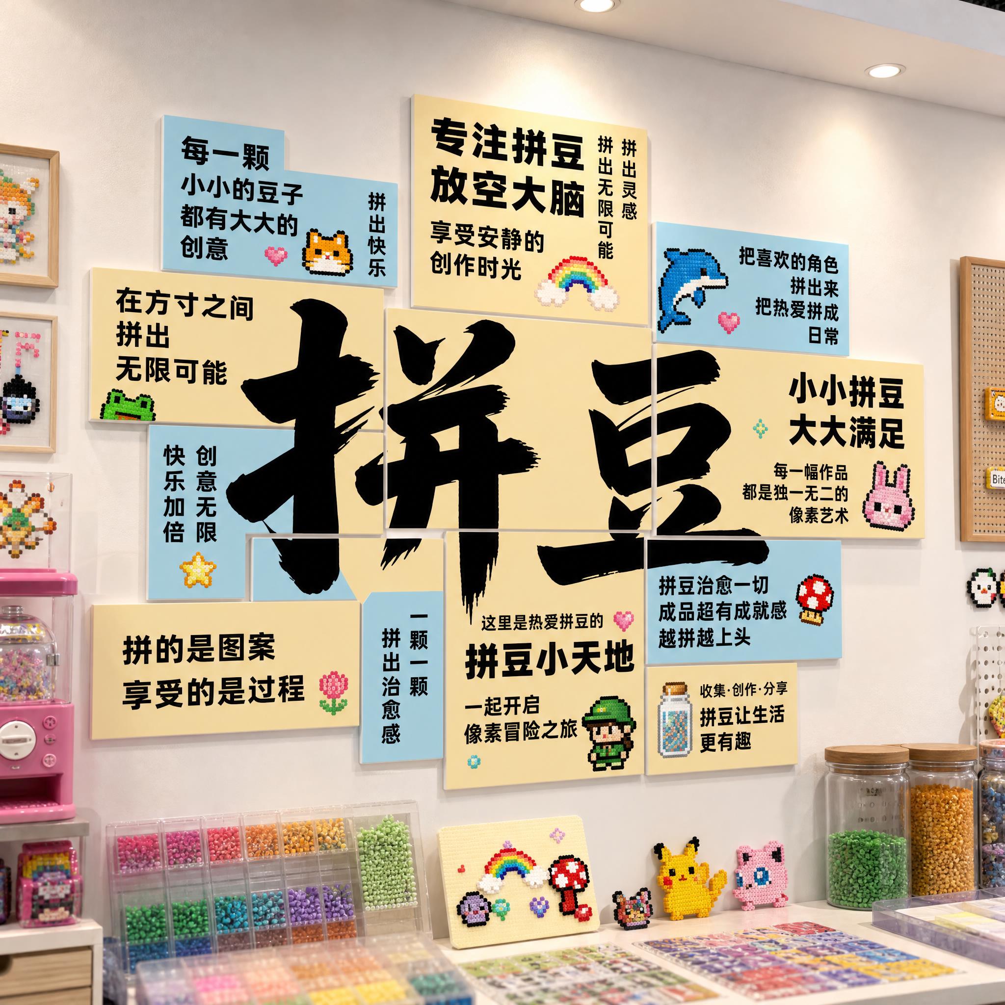 拼豆店拼豆工坊手工体验店装饰墙贴招牌展示区氛围布置背景墙造景