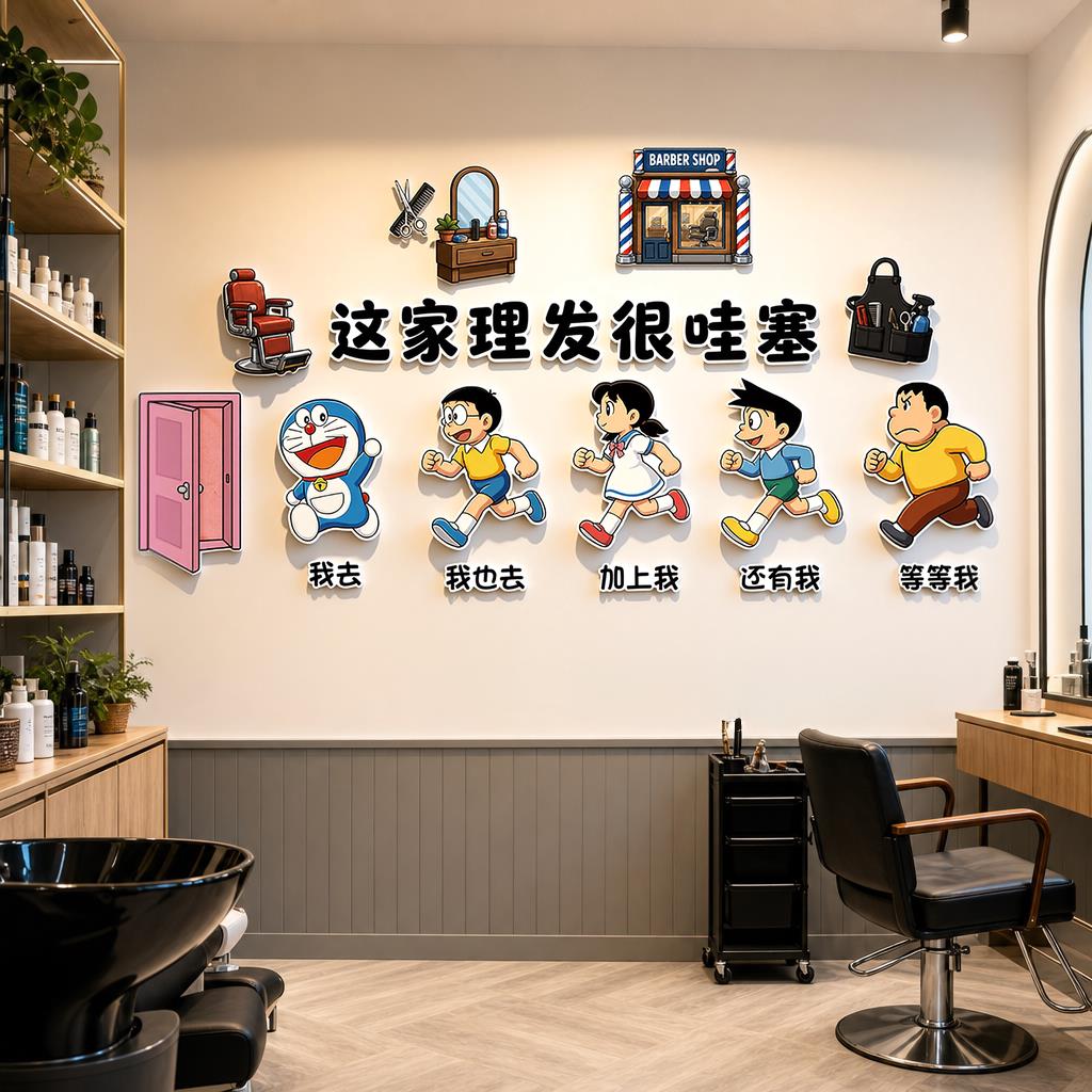 发廊理发哆啦A梦美发店打卡墙贴装饰剪发布置背景墙前台造型贴画