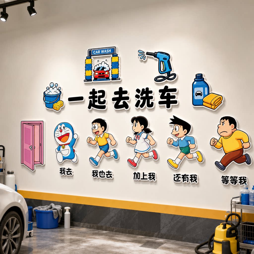车友店洗车店哆啦A梦装饰美容墙贴背景墙收银机修网红创意标语
