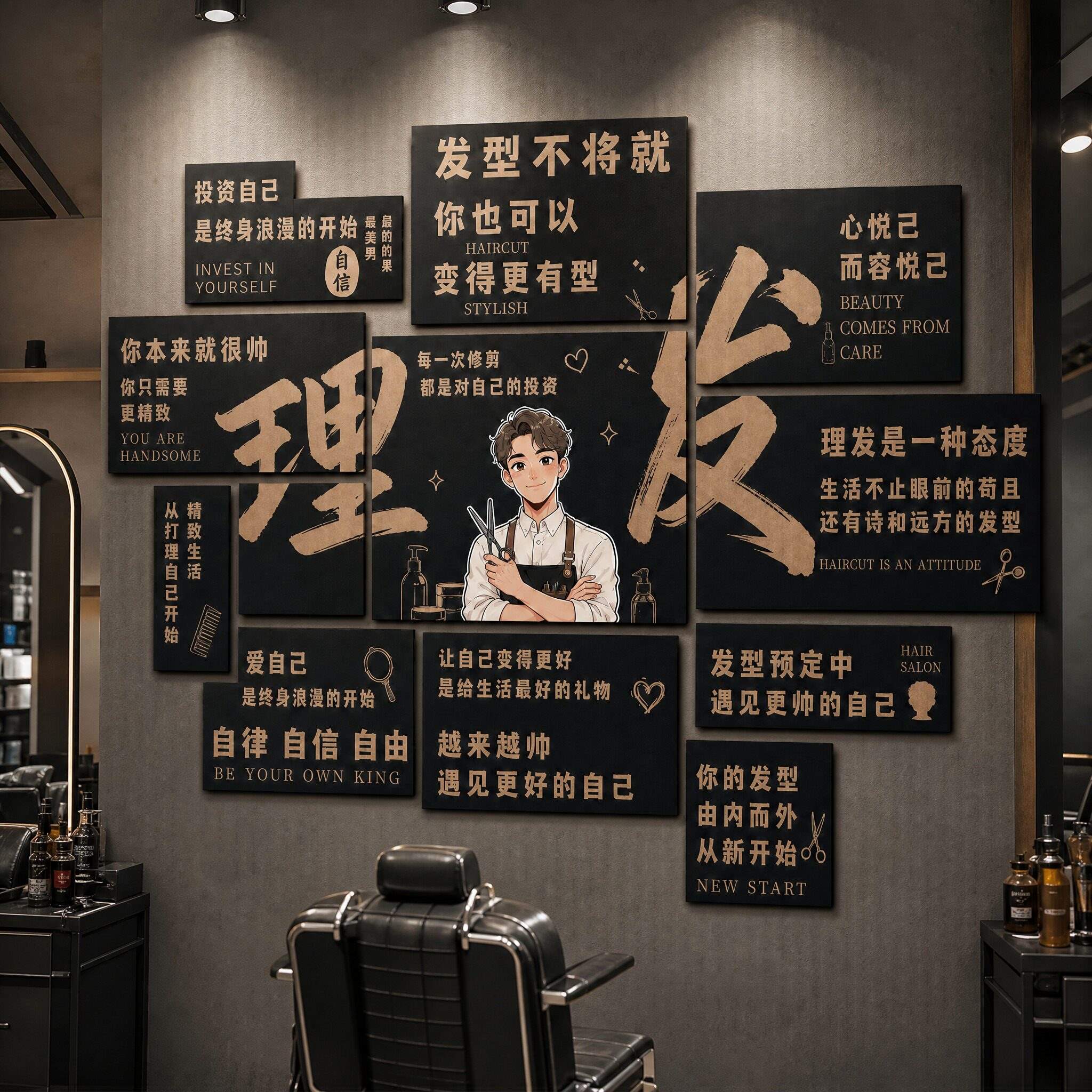 网红理发店美发剪发造型墙贴招牌氛围布置吧台镜面洗护装饰海报