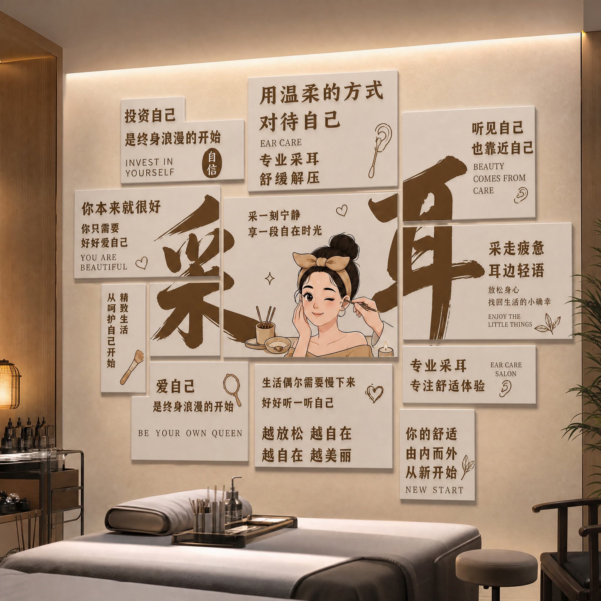 网红采耳店装饰墙面耳道护理养生按摩氛围布置创意背景墙贴壁画