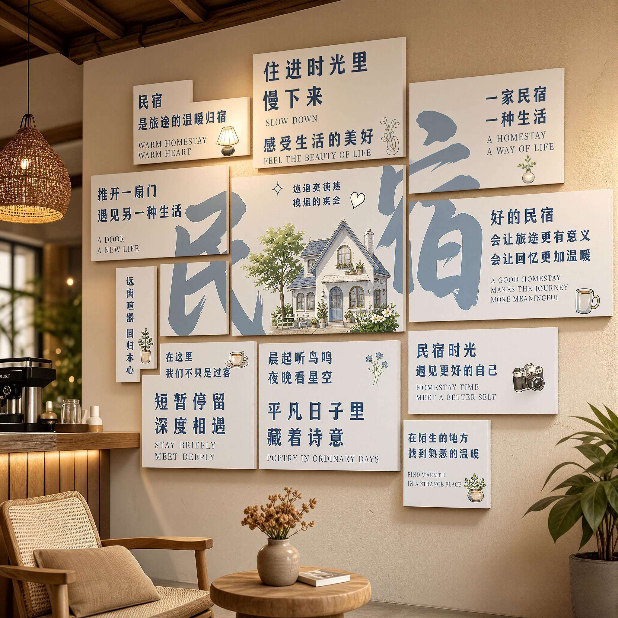 创意民宿客栈旅居住宿墙贴休闲走廊前台暖心展示区吧台装饰造景