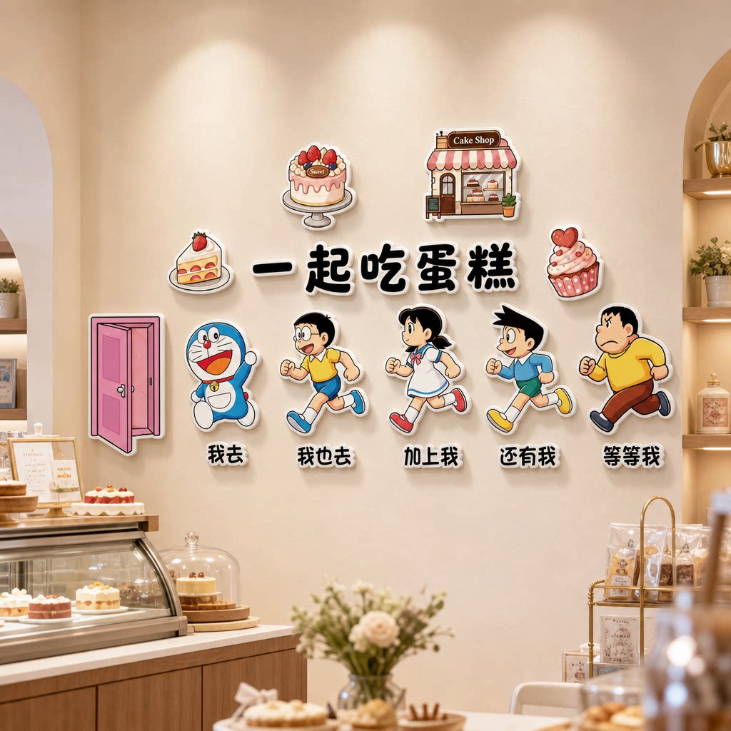 网红蛋糕房哆啦A梦甜品店面包布置装饰烘焙店背景墙收银吧台墙贴