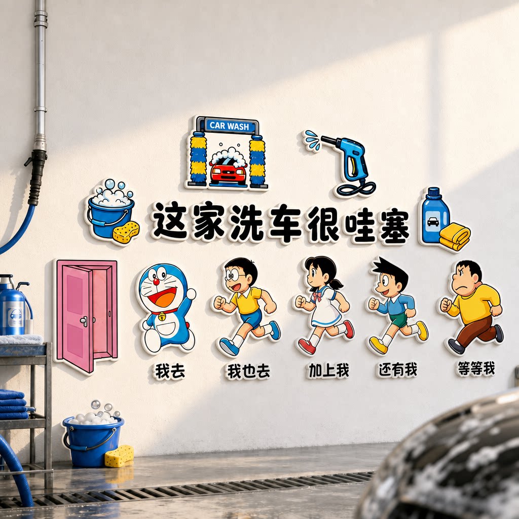 网红洗车店哆啦A梦汽车美容车友布置墙贴装饰氛围打卡机修广告牌