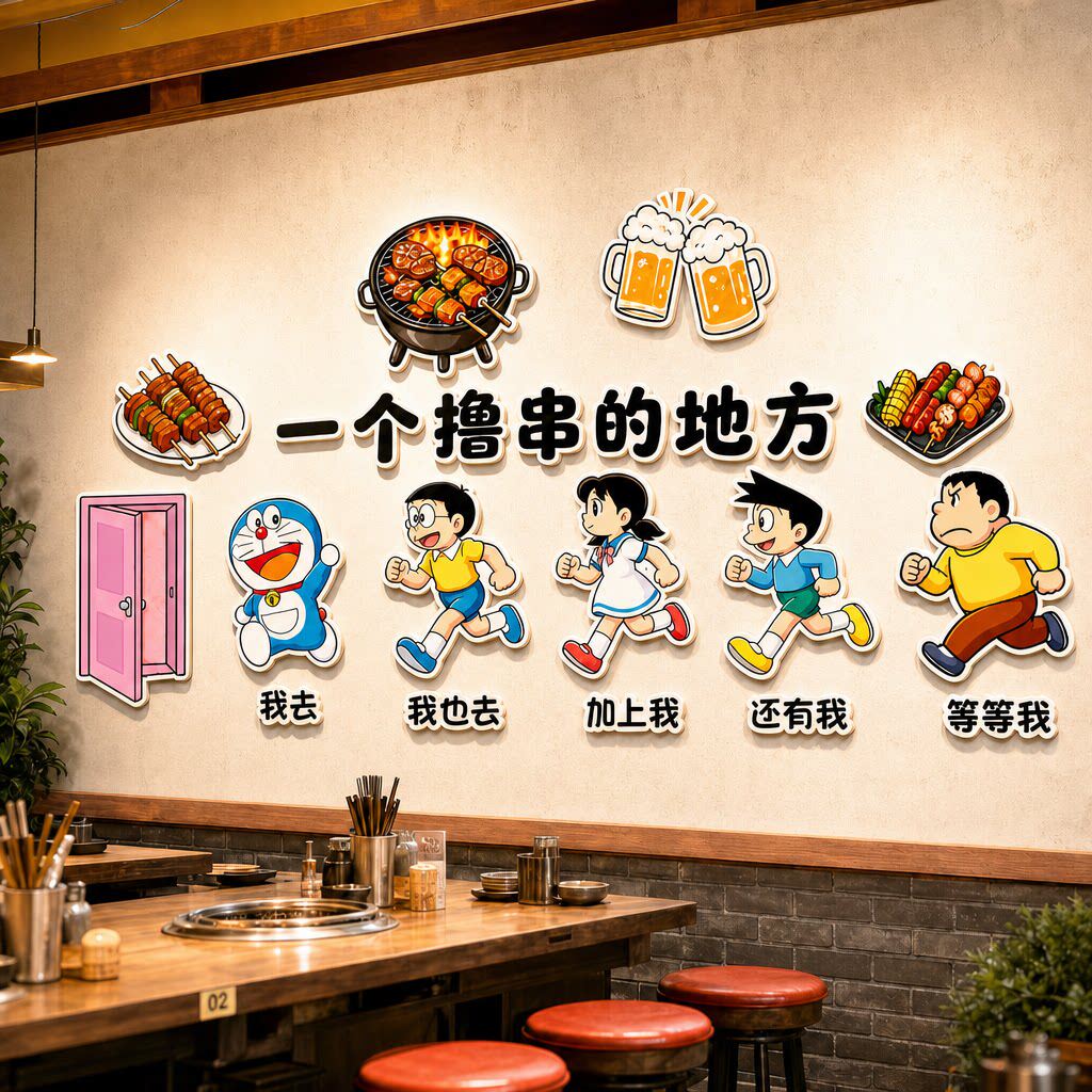 夜宵大排档收银哆啦A梦墙贴装饰餐饮网红烧烤店烤肉包间广告牌