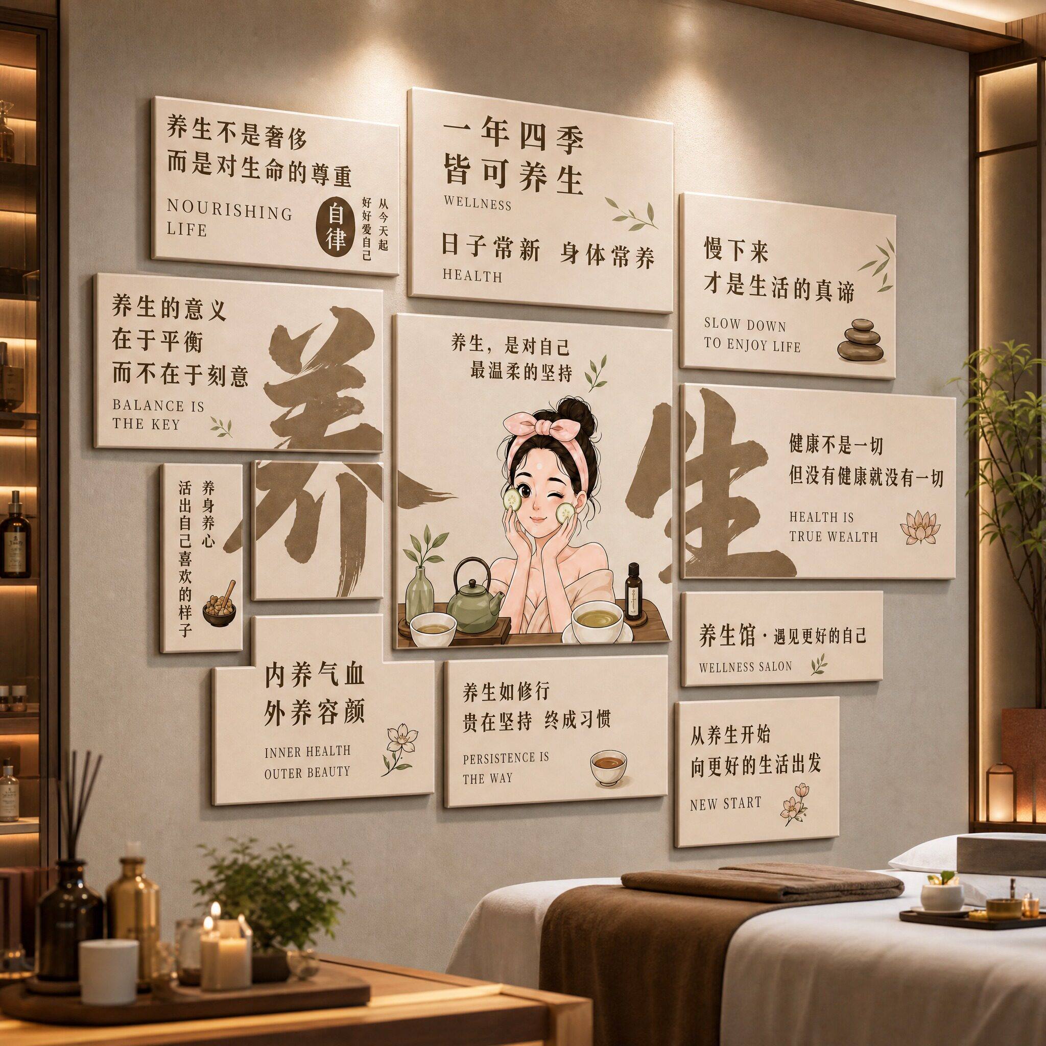 养生馆保健装饰墙贴健康理疗氛围背景墙布置打卡调理布装饰墙画