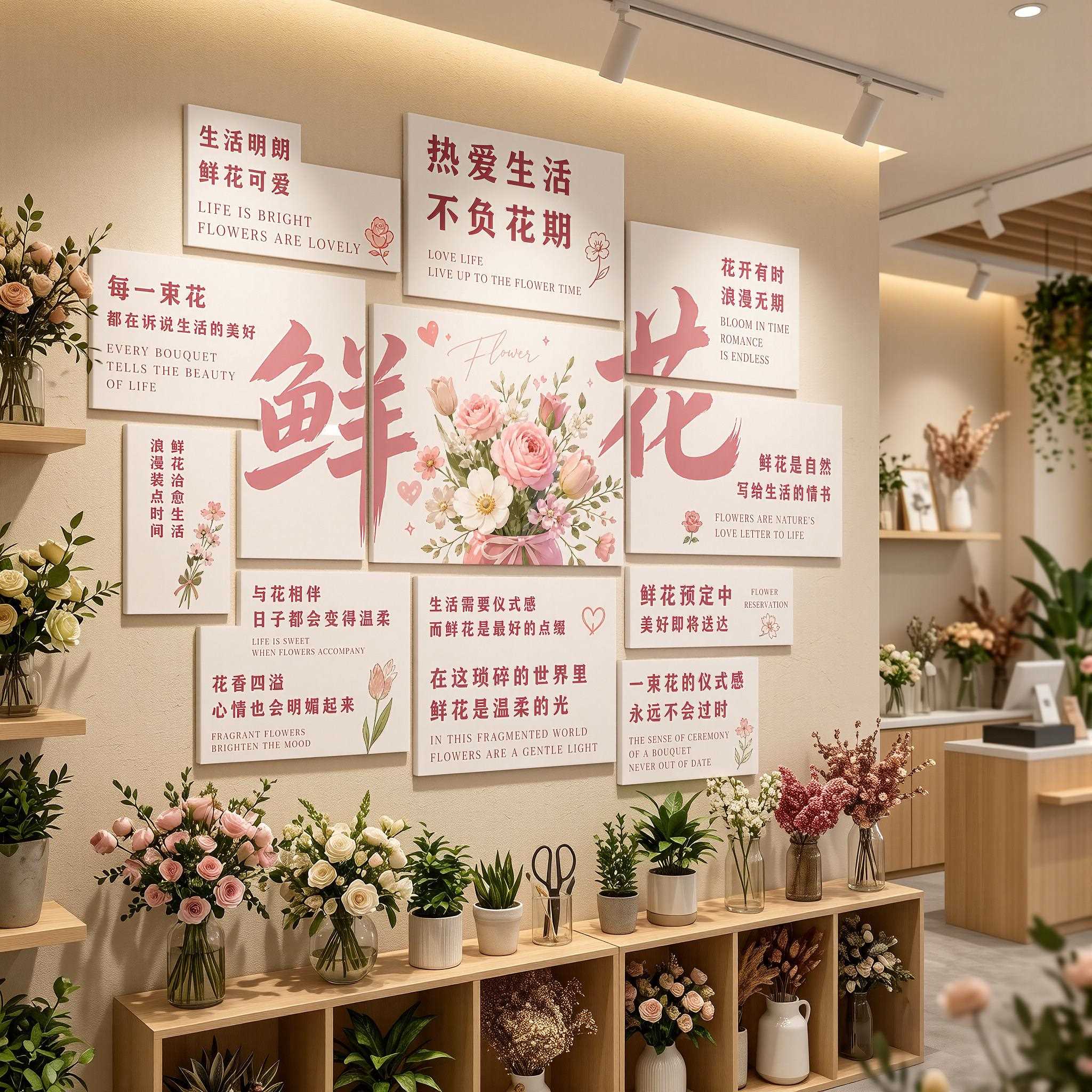 网红花店装饰墙面花艺鲜花绿植打卡氛围布置创意背景墙贴纸挂画
