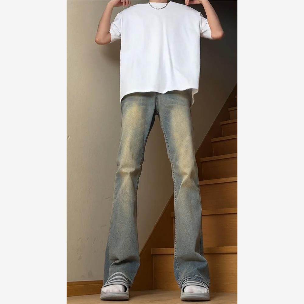 美式高街vibe高腰提档裤子男秋季复古蓝弯刀牛仔裤水洗直筒微喇裤