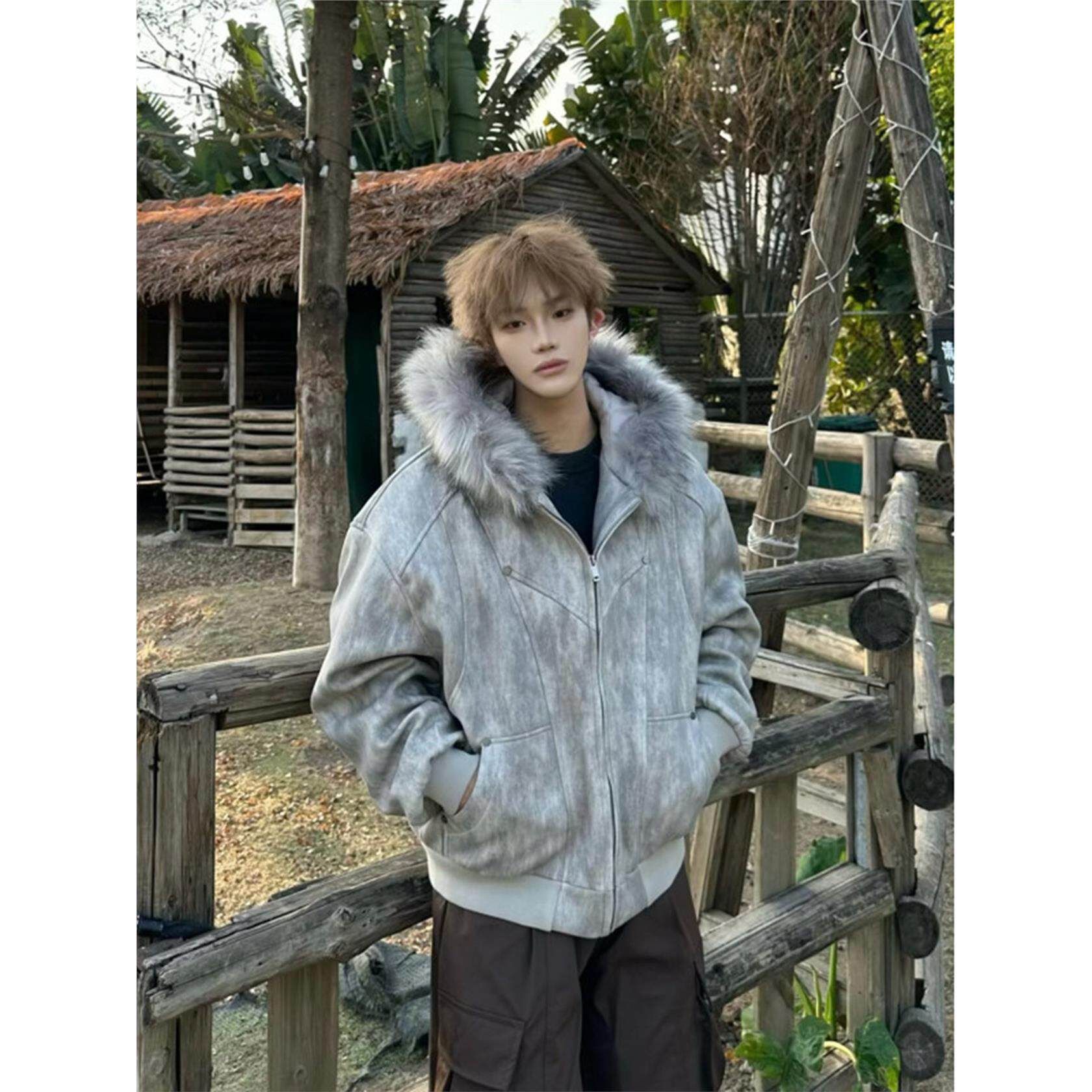 美式扎染座山雕棉服男款冬季解构设计感棉衣夹克痞帅连帽毛领外套