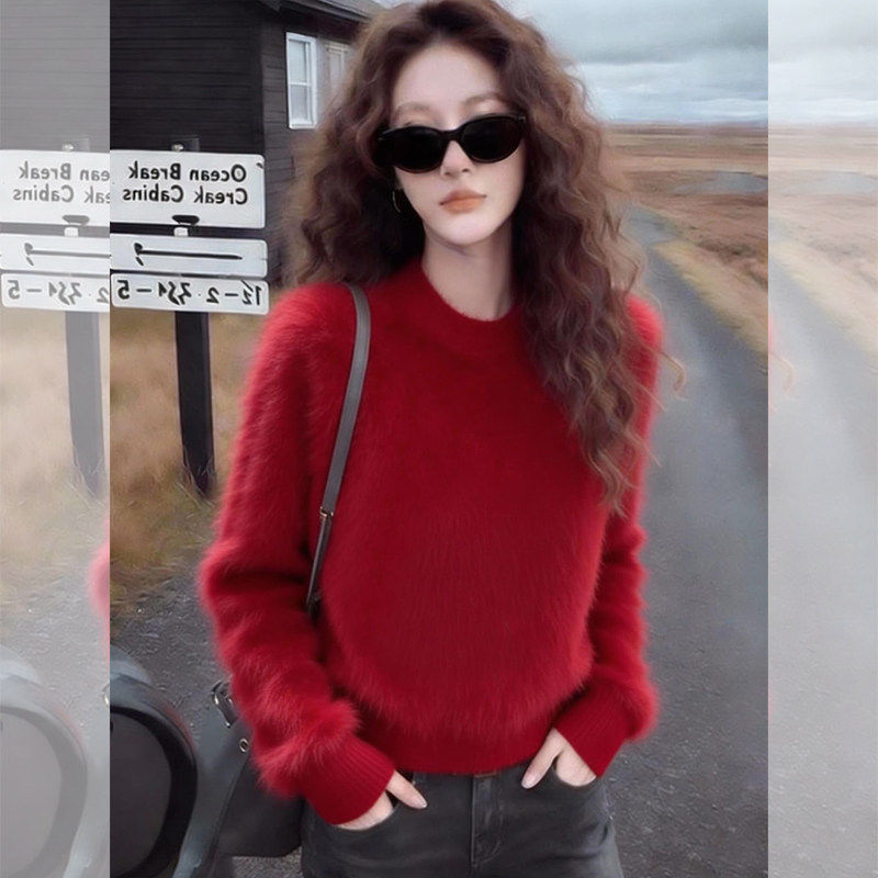 新年红色水貂毛超好看毛衣女冬季2026新款高级感春装漂亮针织上衣