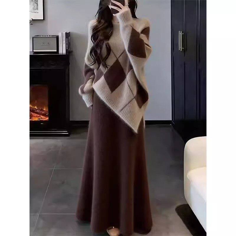 巨好看的两件套早春2026新款爆款慵懒风菱格针织上衣半身裙套装女