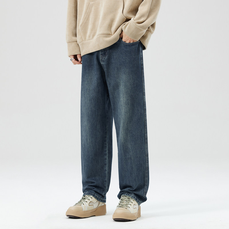 Jasonwood 复古蓝直筒牛仔裤男春秋美式复古潮牌宽松垂感阔腿裤子