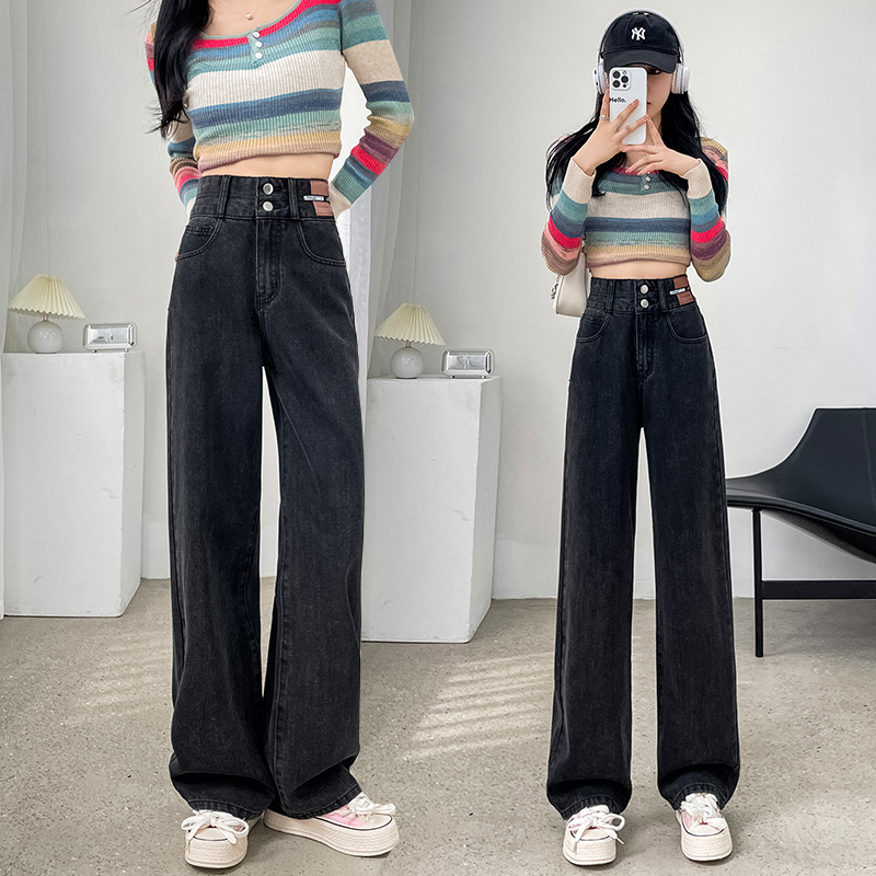 加绒窄版直筒牛仔裤女春秋冬季复古高腰显瘦小个子遮胯一体绒阔腿