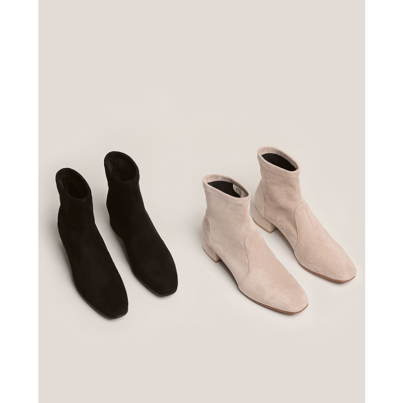 【鞋匠女王】粗跟短靴女春秋单靴中跟方头弹力磨砂短筒瘦瘦袜子靴