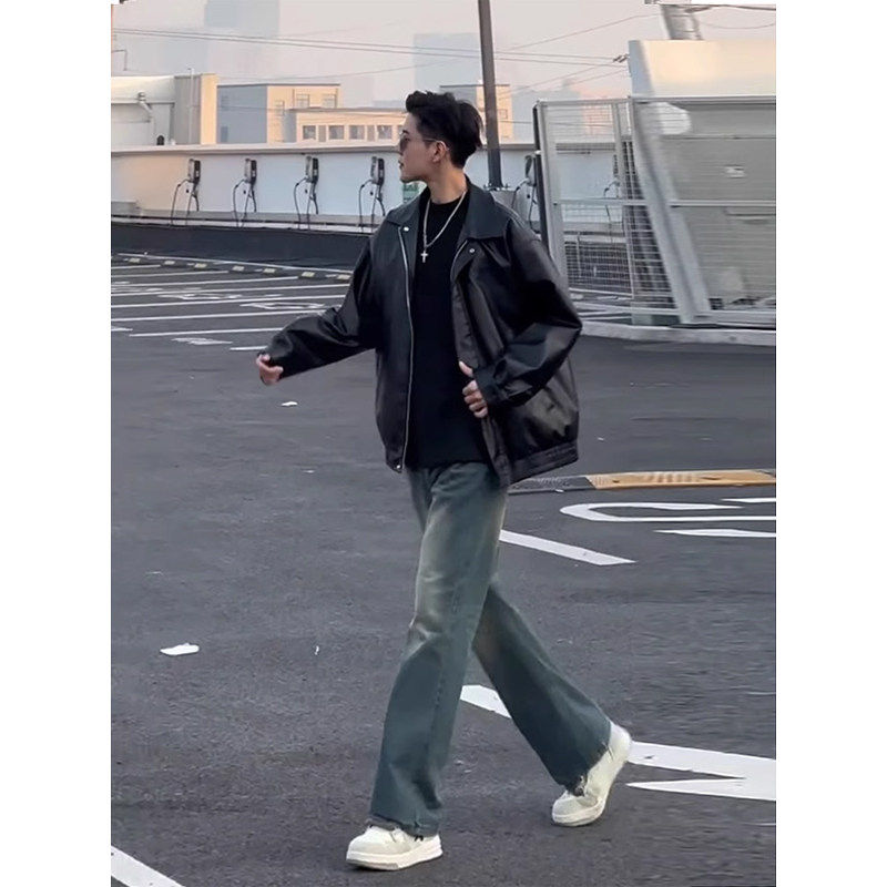 痞帅皮衣外套男潮高级感春夏款机车服美式覆古棒球服棉衣pu皮夹克