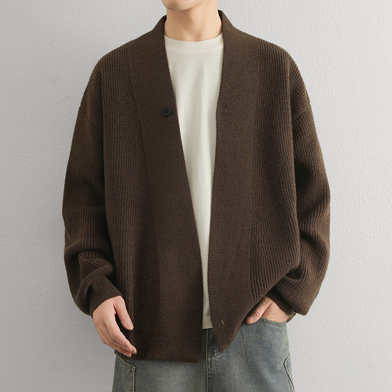 美式覆古道袍毛衣开 衫外套男春秋款潮牌慵懒高级感老钱风针织衫