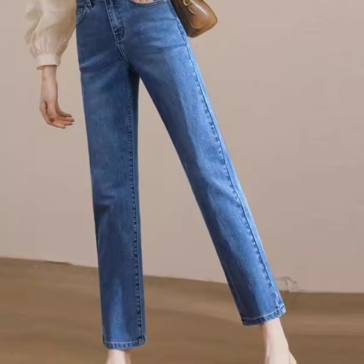 复古蓝烟管直筒牛仔裤女2