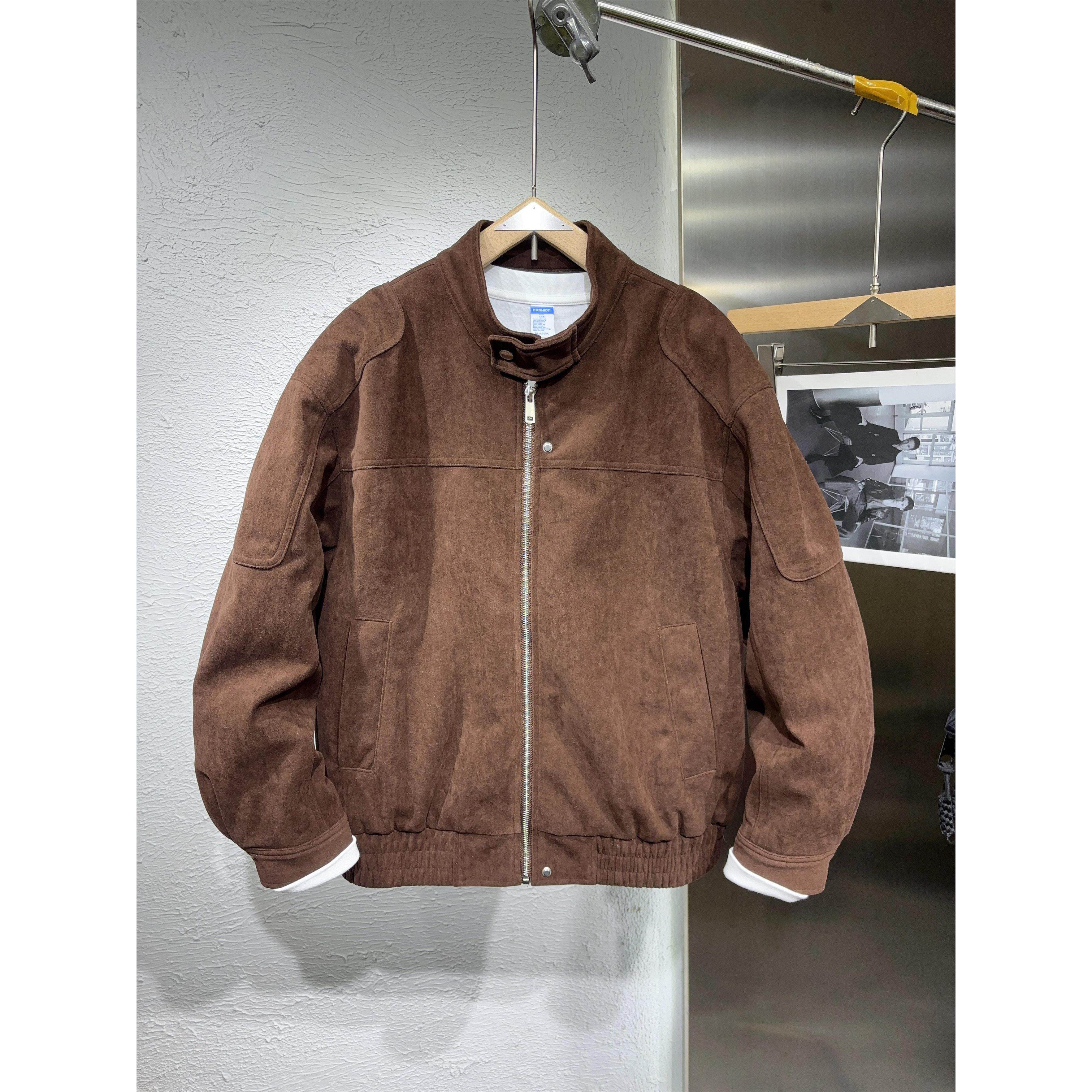 冬季加绒立领铺棉外套夹克男士复古麂皮绒高级感短款高级感棉服外