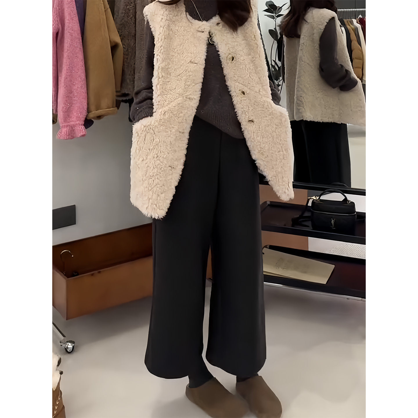 黑色毛呢八分阔腿裤女秋冬季2025年新款加厚休闲西装直筒裤小个子