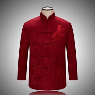 中老年男唐装棉衣长袖秋冬上衣中国风老人生日红色春秋爸爸装外套